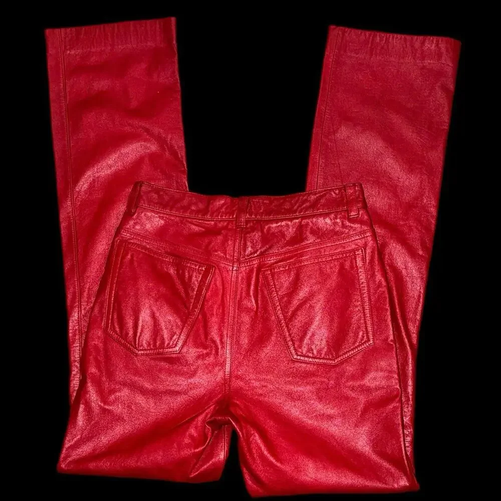 Vintage Ralph Lauren Red Leather 5 Pocket Straight Leg Mid Rise Jeans Sz 2 - Picture 5 of 7